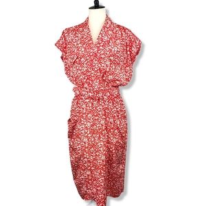 Vintage 80s Red and White SL Fashions V-Neck Floral Print Dress Size 16